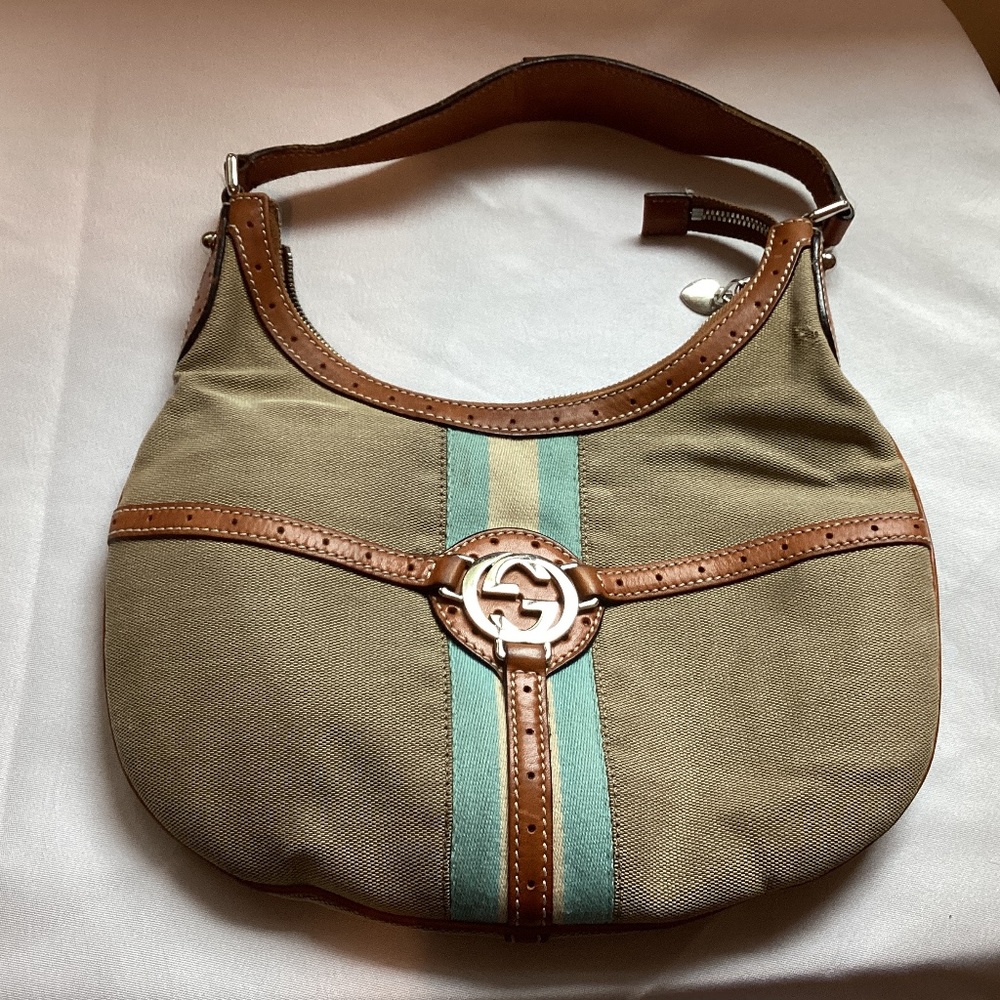Gucci blue Stripe Canvas Shoulder Bag with Brown Leather Trim